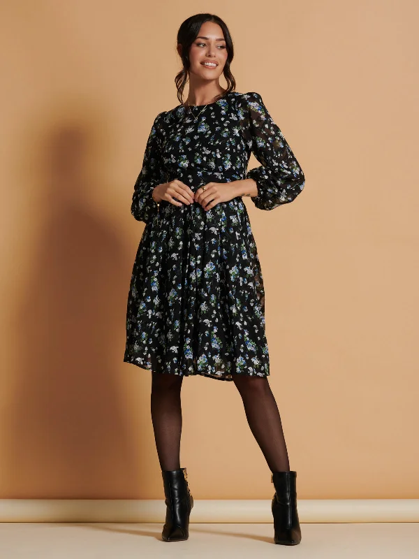 Long Sleeve Chiffon Midi Dress, Black Floral