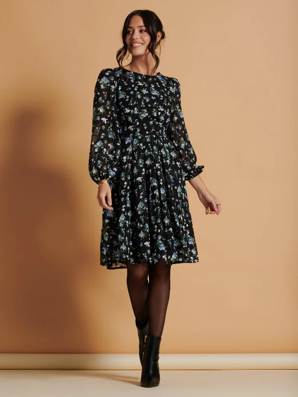 Long Sleeve Chiffon Midi Dress, Black Floral