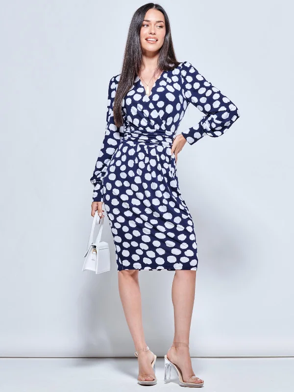 Long Sleeve Jersey Pegged Dress, Navy Spot