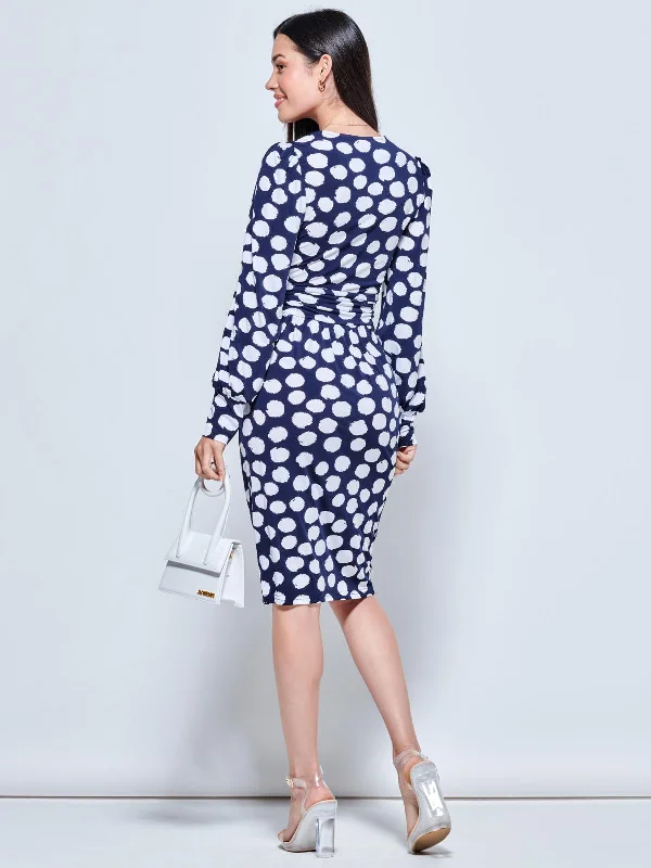 Long Sleeve Jersey Pegged Dress, Navy Spot