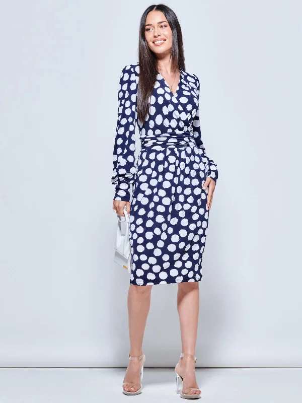 Long Sleeve Jersey Pegged Dress, Navy Spot