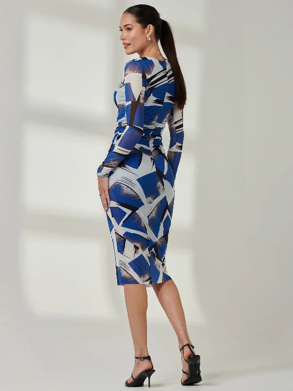 Long Sleeve Mesh Bodycon Maxi Dress, Blue Abstract