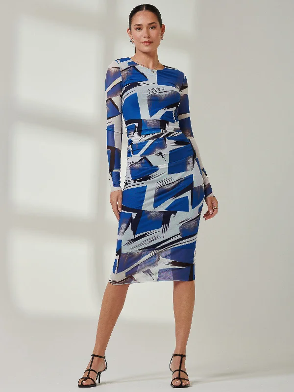 Long Sleeve Mesh Bodycon Maxi Dress, Blue Abstract