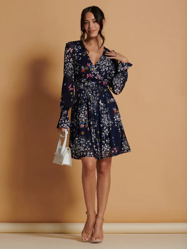 Long Sleeve Mesh Skater Dress, Navy Multi