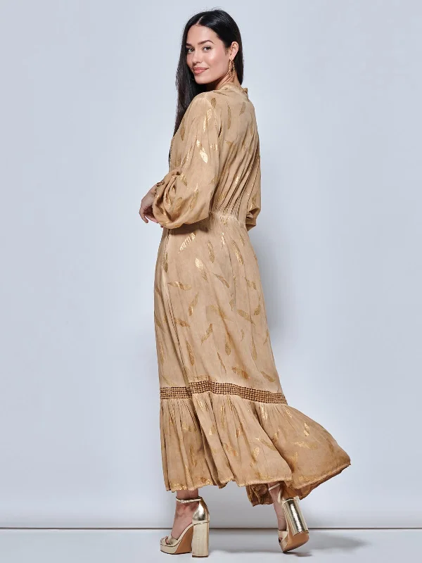 Long Sleeved Lace Trim Holiday Maxi Dress, Khaki Pattern