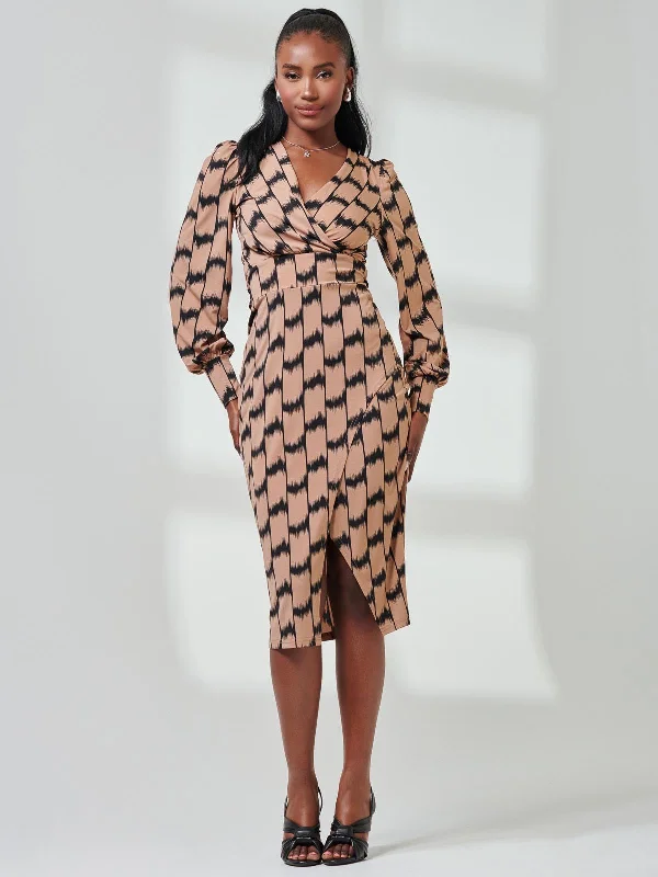 Print Long Sleeve Jersey Pencil Dress, Black/Stone