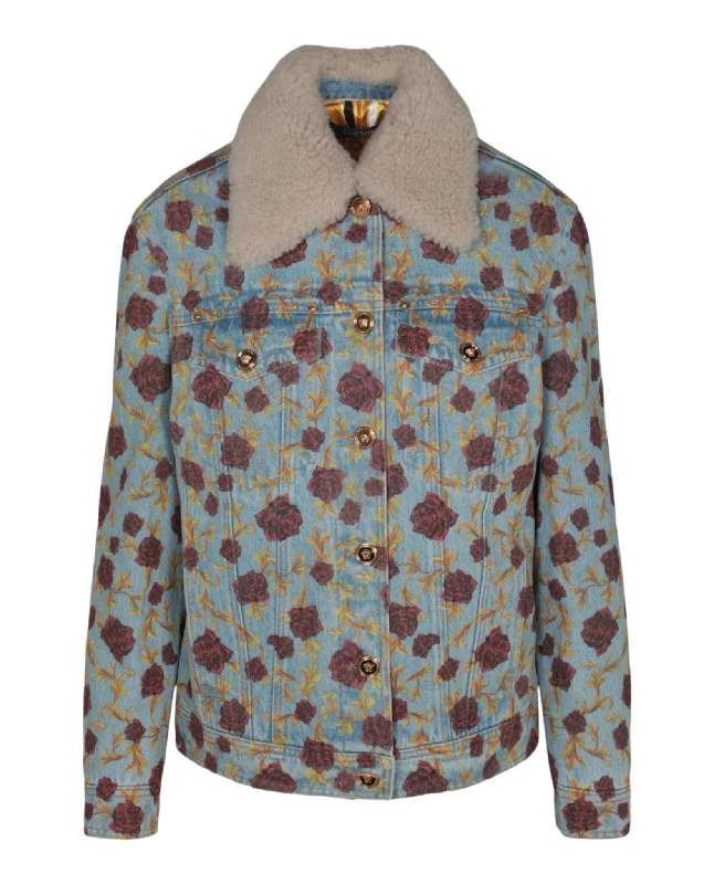 Rose Printed Denim Fur Trim Jacket