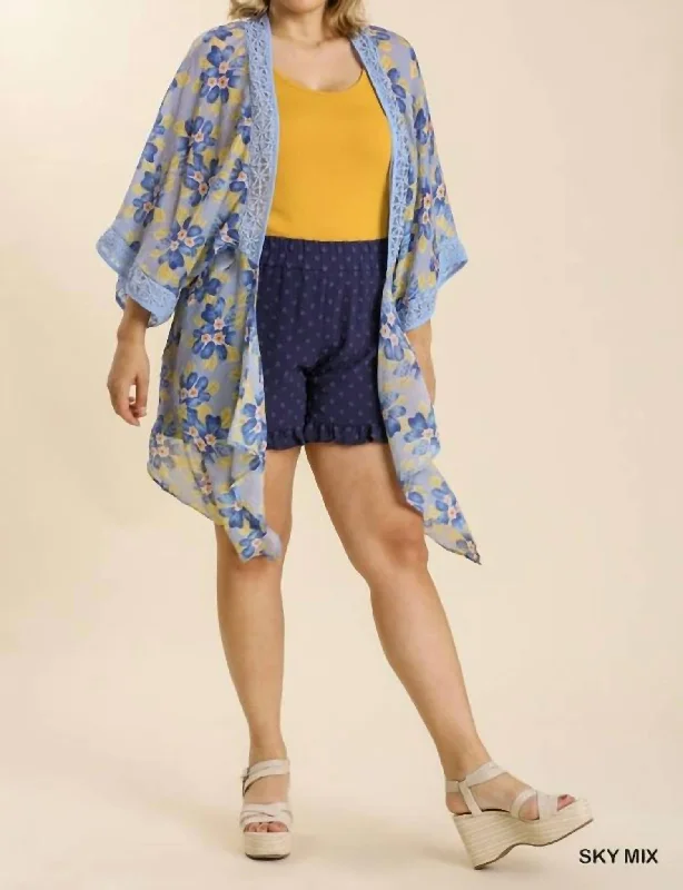 Sheer Floral Print Open Front Kimono With Crochet Detail Plus In Sky Mix