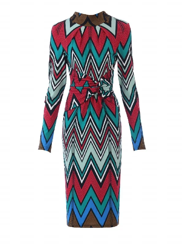 Twist Front Long Sleeve Dress, Red Multi