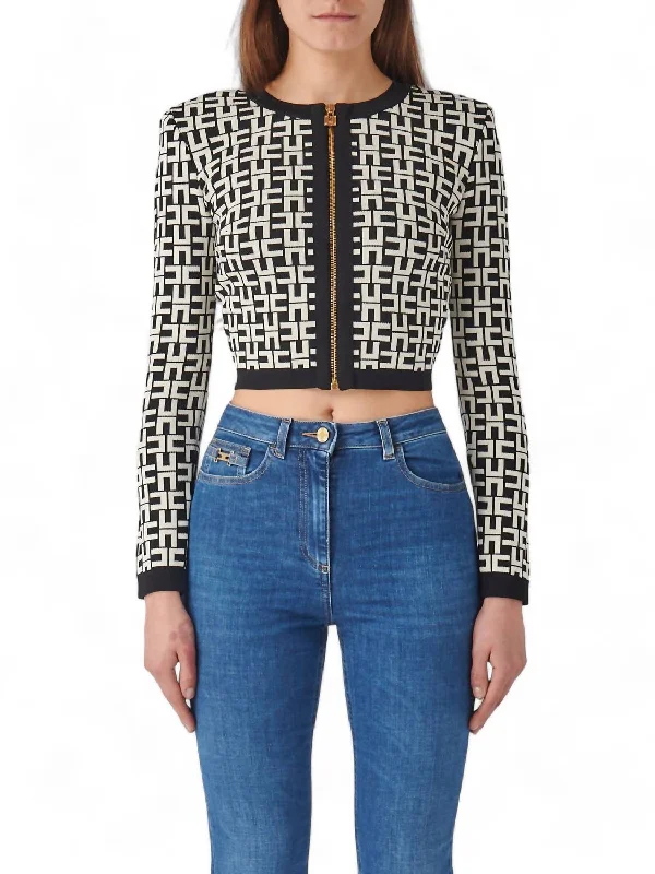 Two Tone Jacquard Cropped Cardigan In Nero/burro