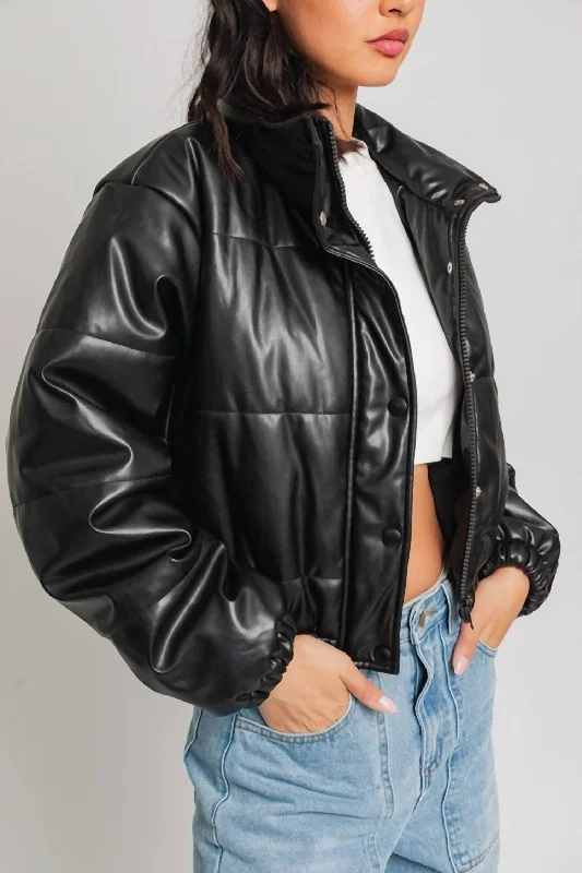 With Edge Faux Leather Puffer Jacket In Black