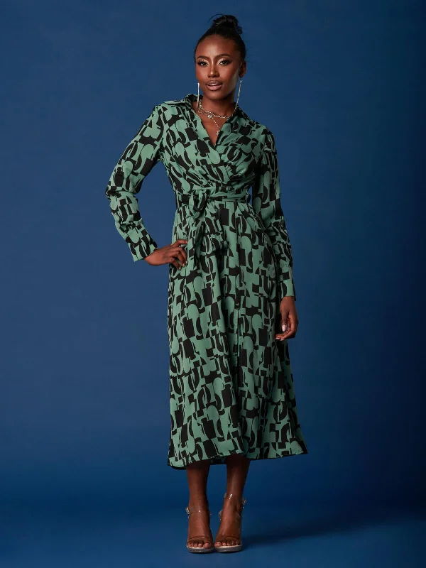 Wrap Detail Shirt Maxi Dress, Green Geo