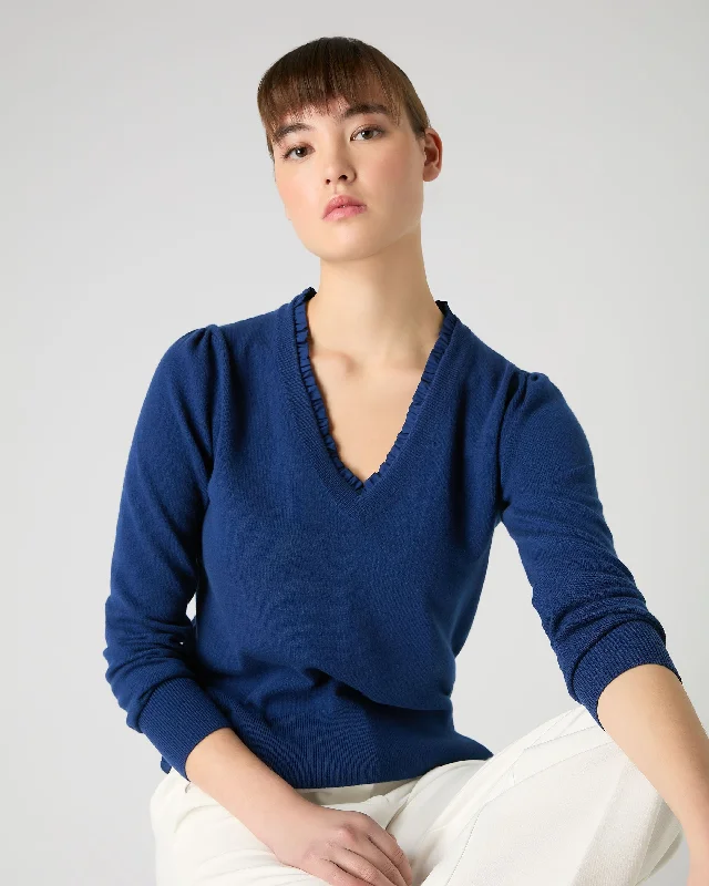 Women's Ruffle Trim V Neck Cashmere Sweater French Blue