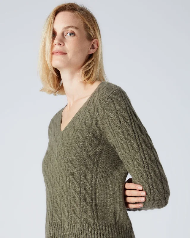 Women's V Neck Cable Cashmere Sweater Khaki Green