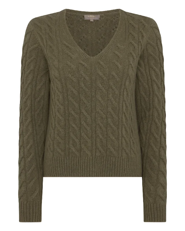 Women's V Neck Cable Cashmere Sweater Khaki Green