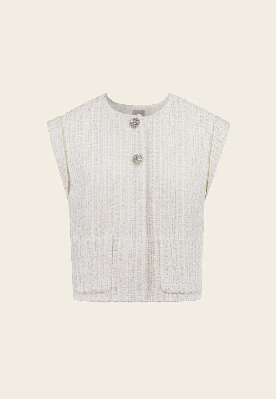 Cream Sequins Cap-sleeved Tweed Vest