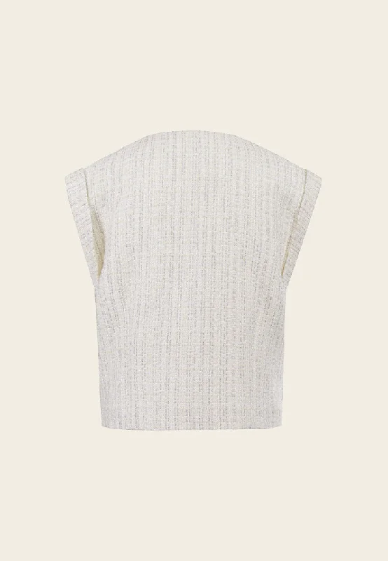 Cream Sequins Cap-sleeved Tweed Vest