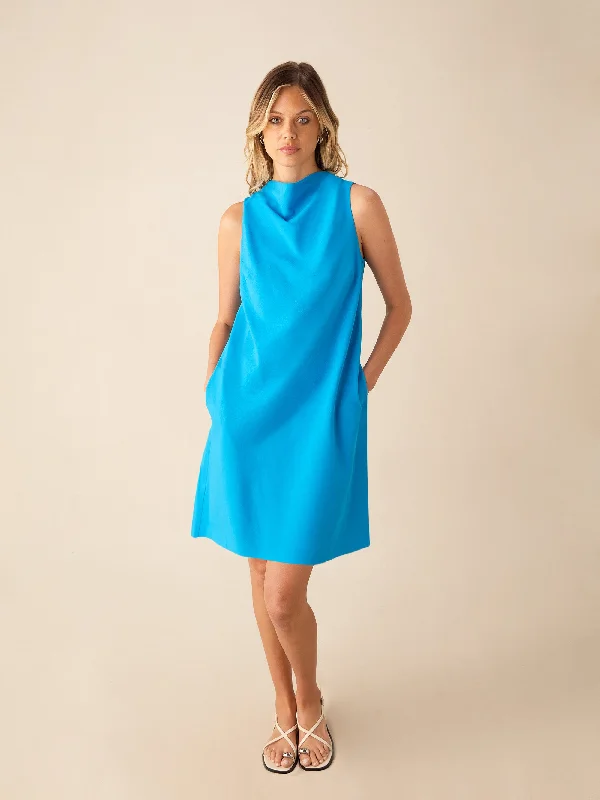 Blue Cowl Neck Linen-blend Shift Dress