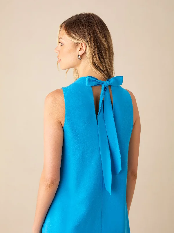 Blue Cowl Neck Linen-blend Shift Dress