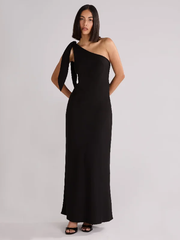 Charlotte Black Crepe One Shoulder Maxi Dress