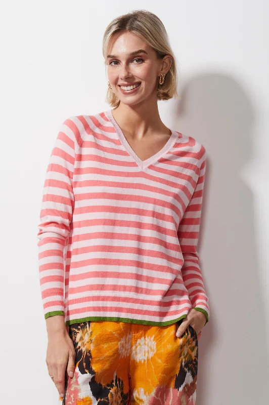 Essential Stripe Vee Neck Knitwear - Petal