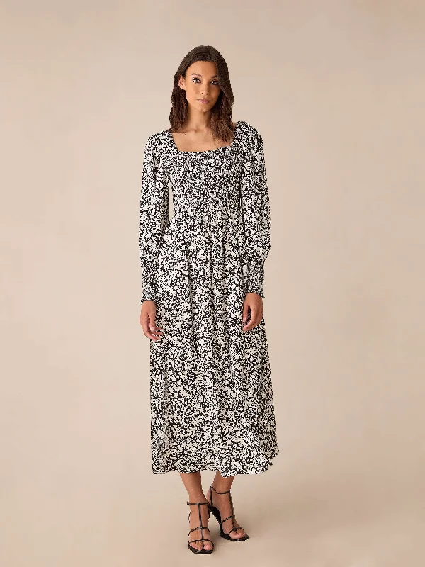 Mono Floral Print Shirred Midaxi Dress