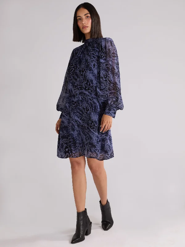 Navy Snake Print High Neck Dress