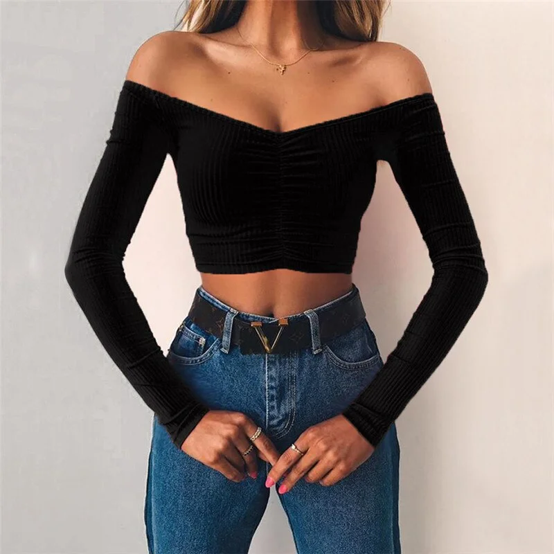 FashionSierra - Off Shoulder Long Sleeve Knit T Shirt