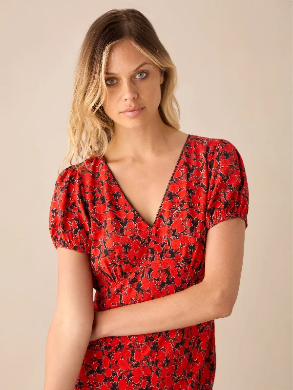 Petite Red Blurred Floral Print Puff Sleeve Midi Dress