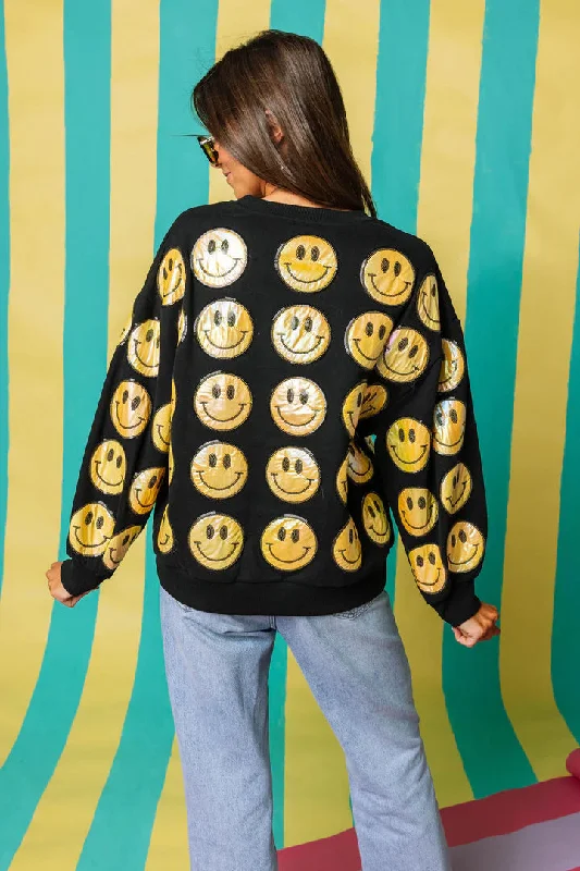 QOS BLACK & YELLOW SCATTERED SMILEY FACE SWEATSHIRT