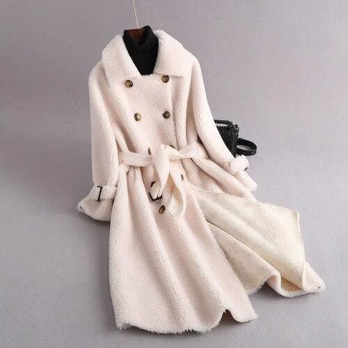 Winter Women's Patchwork Sheep Shearling Fur Long Trench Coats & Jackets