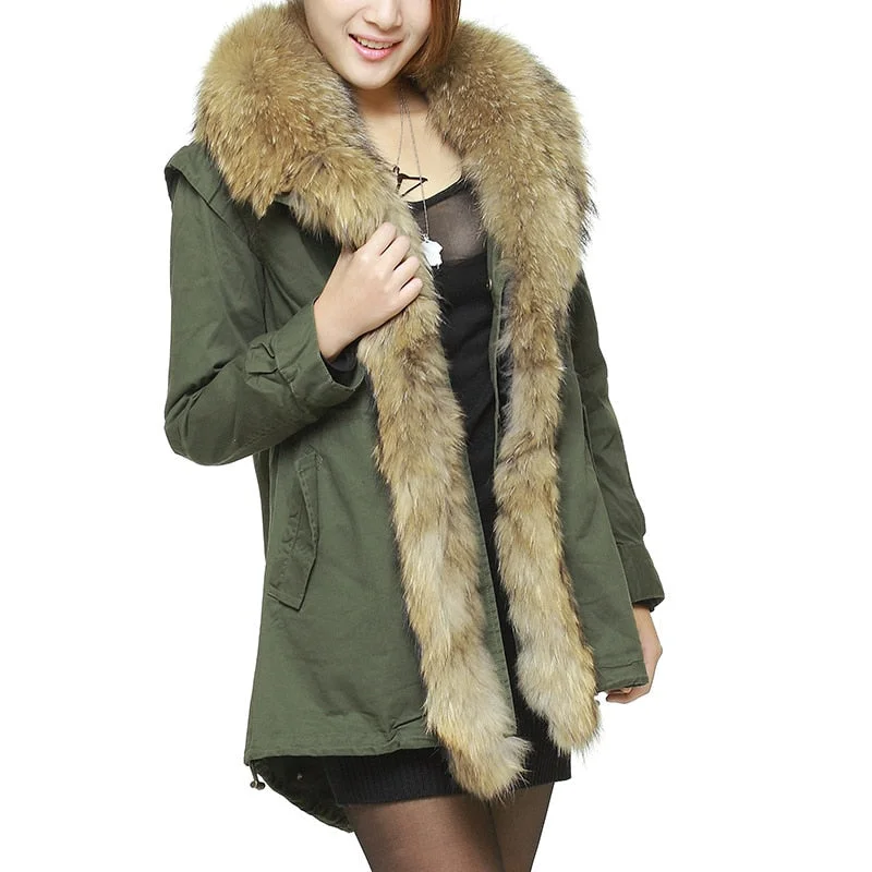 Women's Winter Fluffy Natural Real Raccoon Fur Collar Cotton Coat Jacket