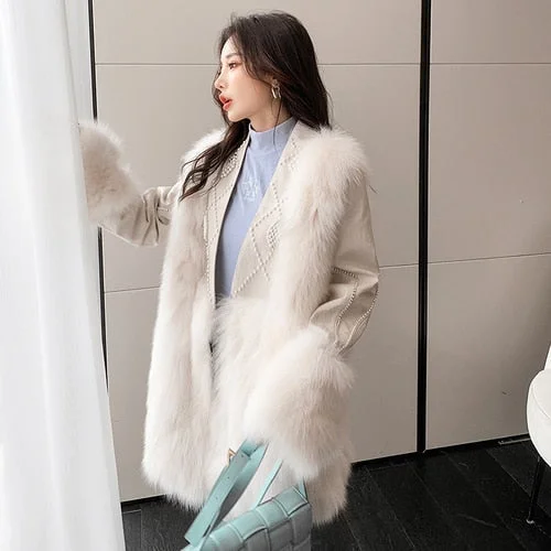 Women's Winter Sheepskin Fox Fur Patchwork Korean Mid-length Coats