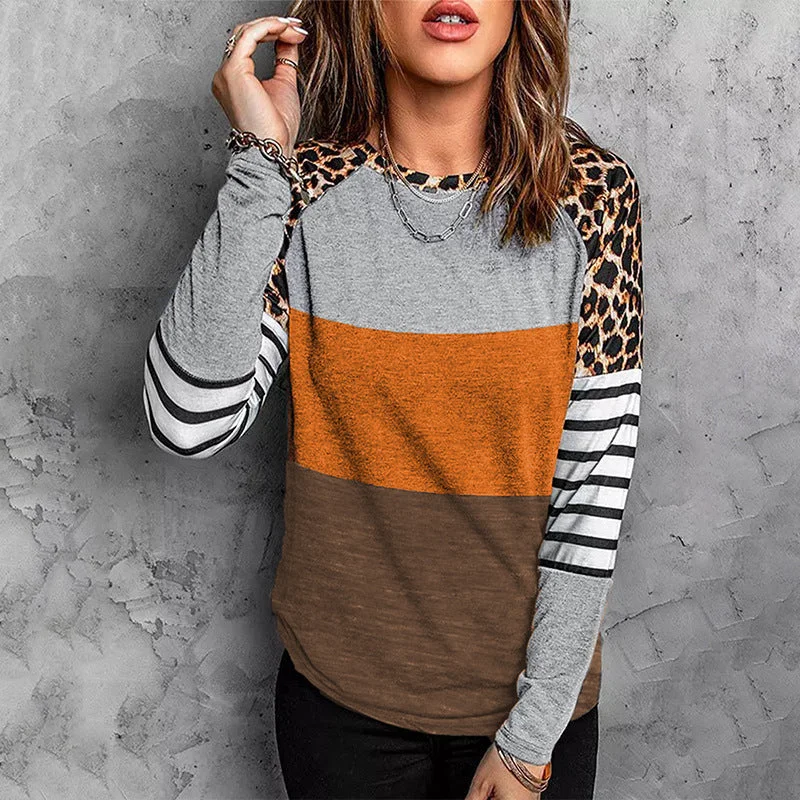 FashionSierra - Round Neck Leopard Stripe Print Contrast Patchwork Pullover